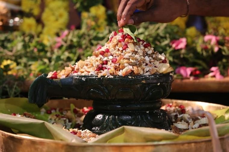 Flowers laid over the linga